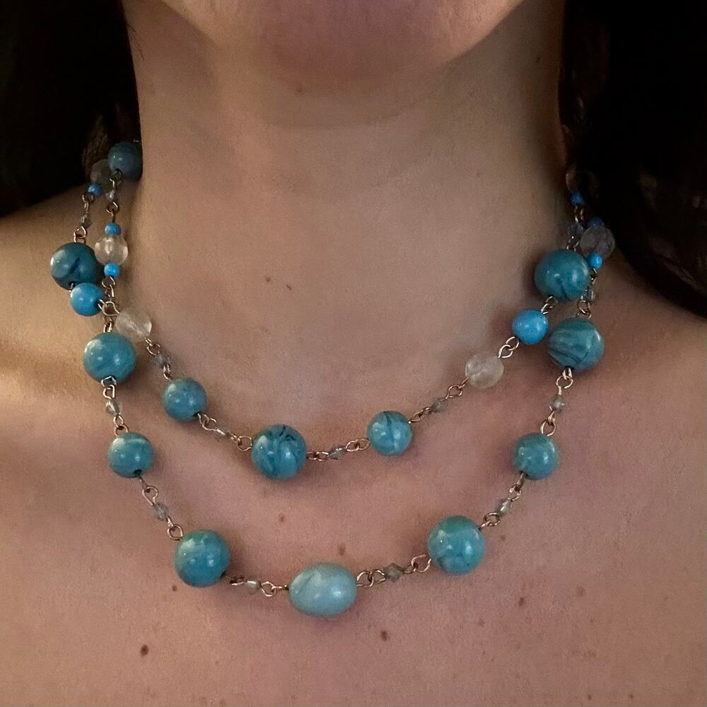 Chunky Blue Beaded Necklace with Silver-Tone Chain